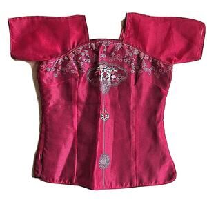 MINH HANH Vietnamese Designer Tunic Top Red Embroidered Ethnic Wearable Art S